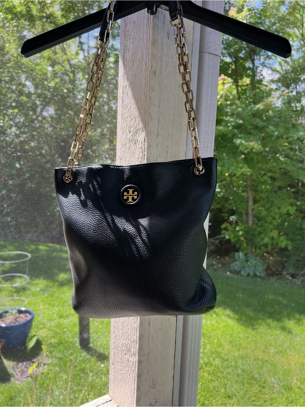 Tory Burch Black Pebbled Leather Shoulder Bag with Gold Chain Trim